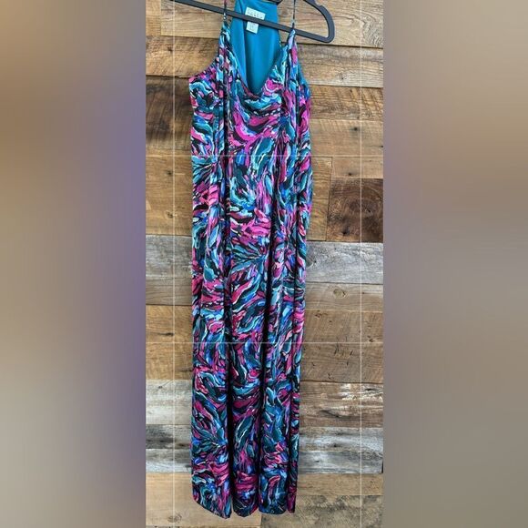 Nicole Miller long lined silky racerback w/pockets  colorful abstract print sz M - Picture 1 of 9